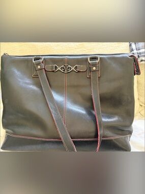 Johnston & Murphy Black Leather Briefcase, laptop bag with Red Trim unisex